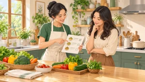 Người nấu ăn và gia chủ trao đổi thực đơn trong khu bếp