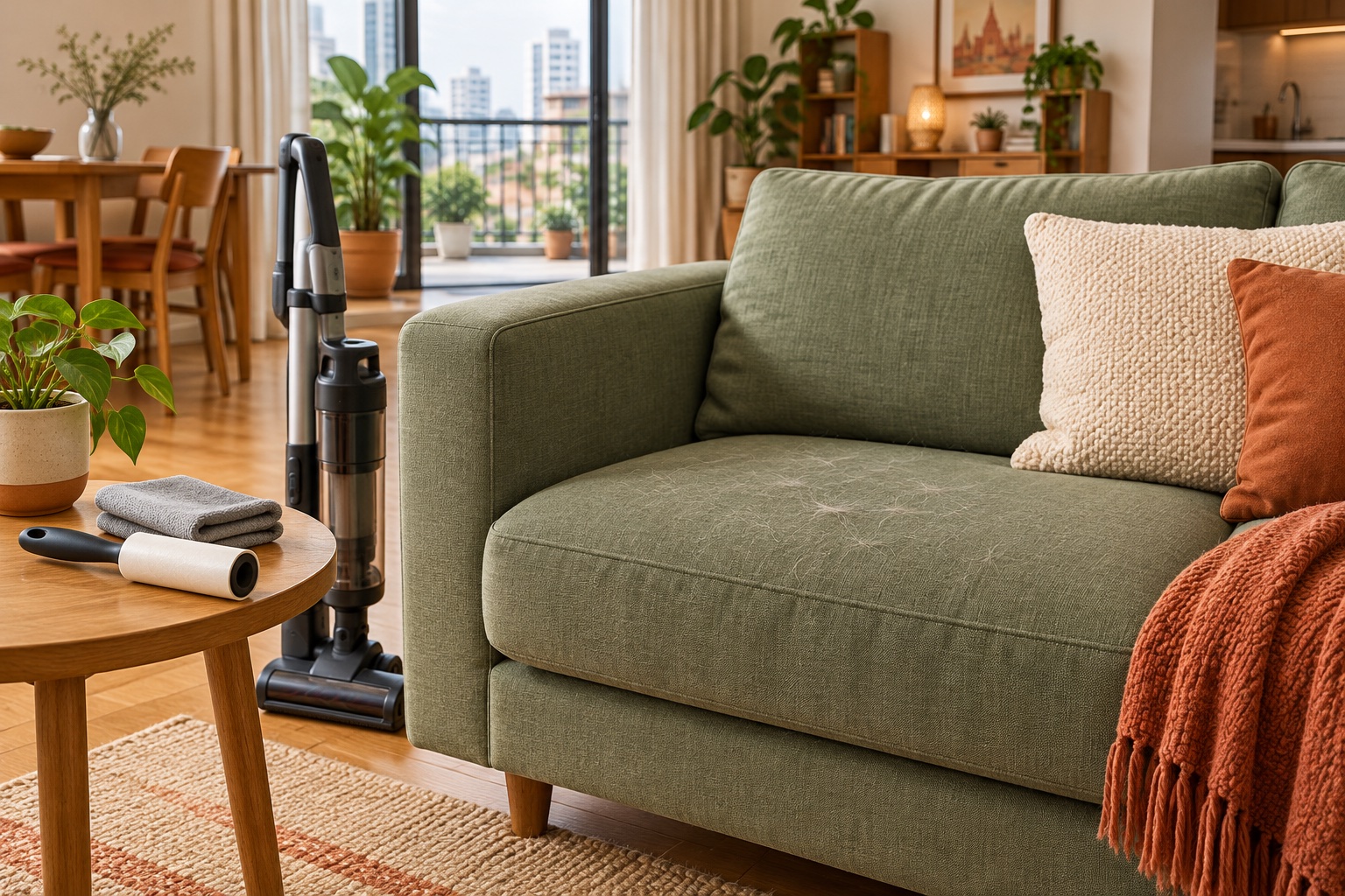 Ghế sofa có một ít lông trên đệm, cạnh bàn đặt cây lăn lông và khăn lau