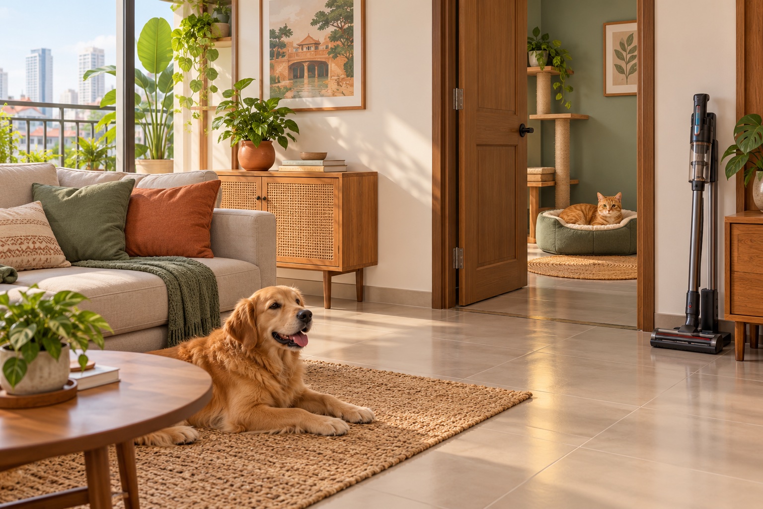Chó nằm gần sofa và mèo nghỉ trên đệm trong không gian căn hộ gọn gàng