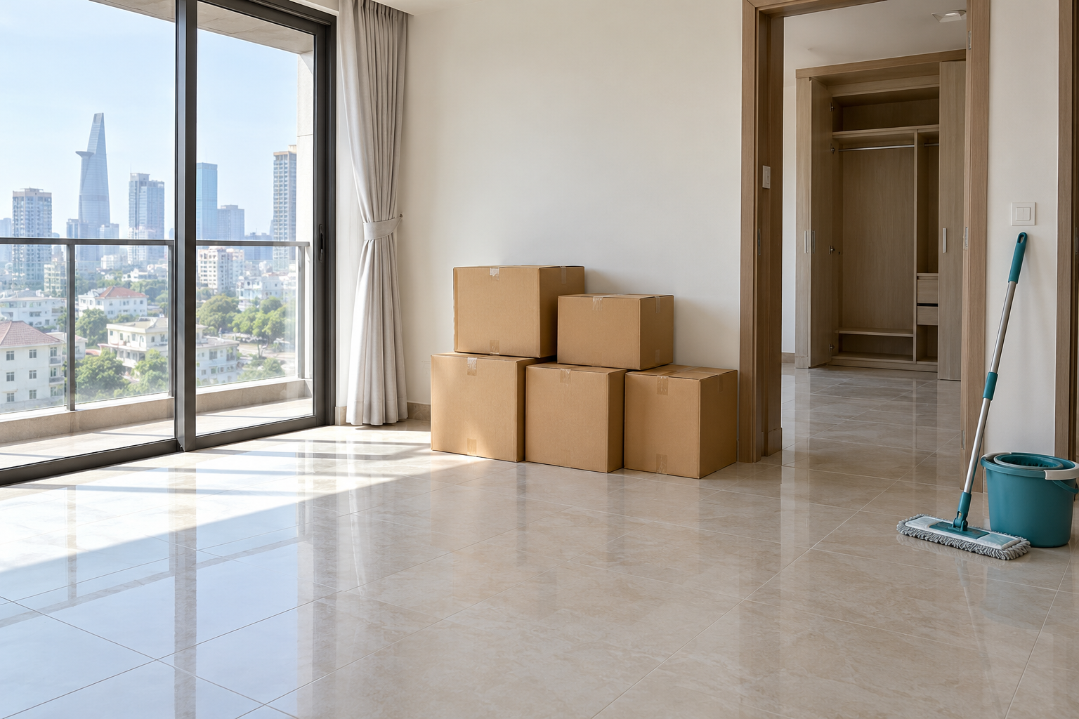 Thùng đồ được xếp gọn cạnh lối đi trong căn hộ đang chuẩn bị chuyển vào