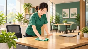Nhân viên vệ sinh lau bàn trong văn phòng sáng và gọn gàng